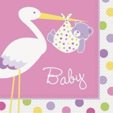 Baby Girl Stork Napkins - 16 Pack
