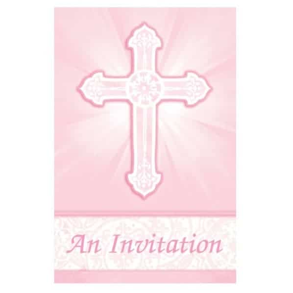 Pack of 8 Radiant Cross Pink Religious Invitations