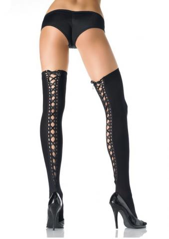 Opaque Thigh High Stockings With Lace Up Back