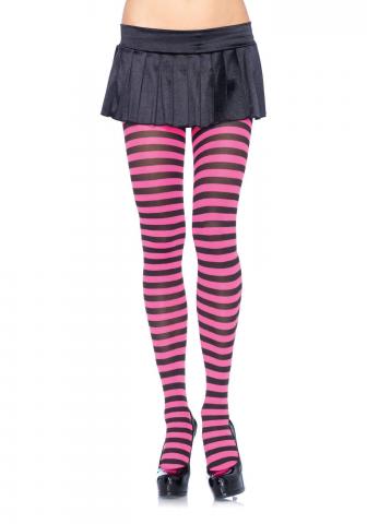 Striped Nylon Tights - Black/Neon Pink
