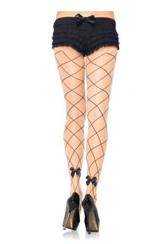 Spandex sheer faux jumbo net pantyhose w/satin bow accent Nude/Black