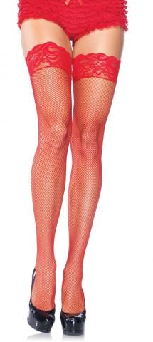 Stay Up Fishnet Stockings With Lace Top - Red