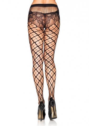 Seamless trellis net pantyhose with lace panty Black
