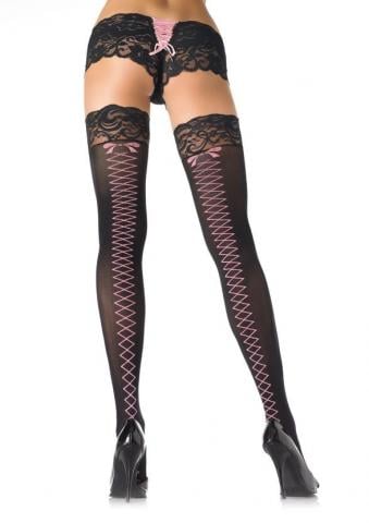 Stay Up Lace Top Lycra  Faux Lace Up Back Stocking Black/PINK
