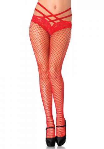 Industrial net pantyhose with cage strap lace panty Red