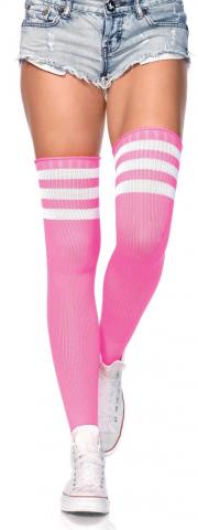 Athletic Ribbed Thigh Highs - Neon Pink/White