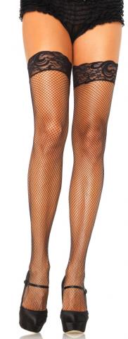 Plus Size Stay Up Fishnet Stockings With Lace Top - Black