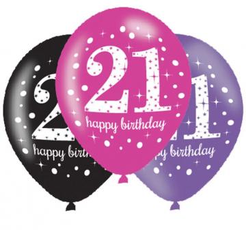 Black Pink Purple 21st Birthday Latex Balloons - 6 Pack