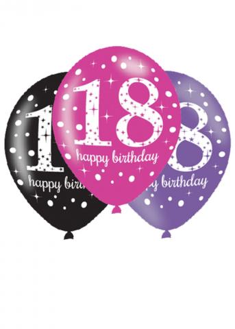Black Pink Purple 18th Birthday Latex Balloons - 6 Pack