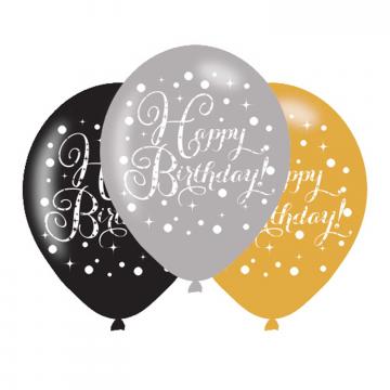 Black Gold Silver Happy Birthday Latex Balloons - 6 Pack