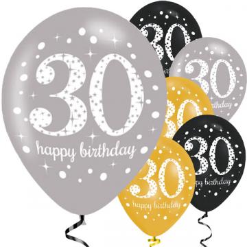 Black Gold Silver 30th Birthday Latex Balloons - 6 Pack