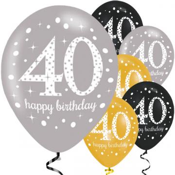 Black Gold Silver 40th Birthday Latex Balloons - 6 Pack