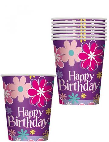 Birthday Blossom Party Paper Cups - 8 Pack