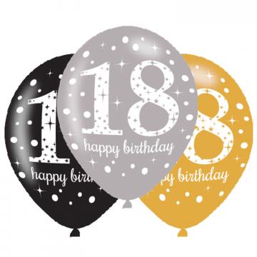 Black Gold Silver Happy 18th Birthday Latex Balloons - 6 Pack