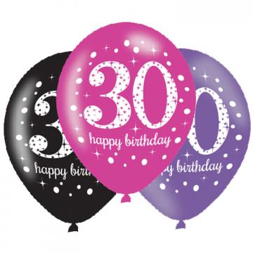 Black Pink Purple 30th Birthday Latex Balloons - 6 Pack