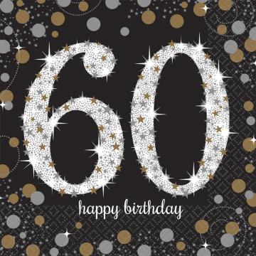 Black and Gold 60th Birthday Napkins - 16 Pack
