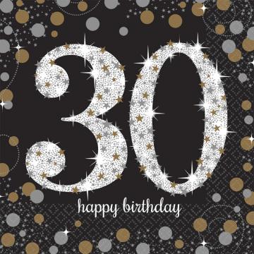 Black and Gold 30th Birthday Napkins - 16 Pack
