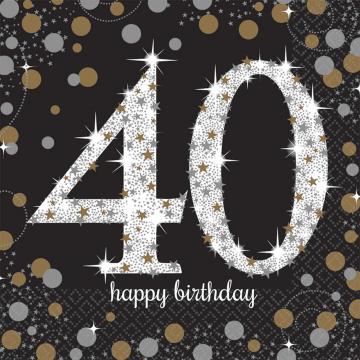 Black and Gold 40th Birthday Napkins - 16 Pack
