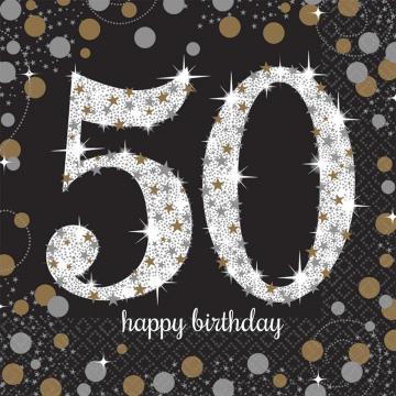 Black and Gold 50th Birthday Napkins - 16 Pack