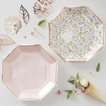 Rose Gold Foiled Paper Floral Plates - 8 Pack