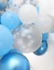 The kit contains 84 latex balloons (32 light blue, 32 white, 10 metallic blue, 10 metallic silver), 10 snowflake balloons, 10 confetti balloons, 1 balloon tape strip and 1 roll of glue dots.