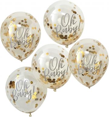 Oh Baby Shower Confetti Balloons Gold Foiled 5 Pack