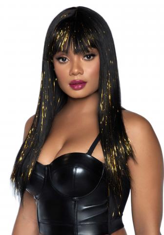 Long Black Bang Wig With Tinsel