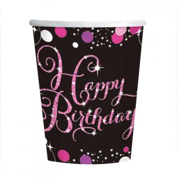Pink Sparkling Happy Birthday Paper Cups 266ml