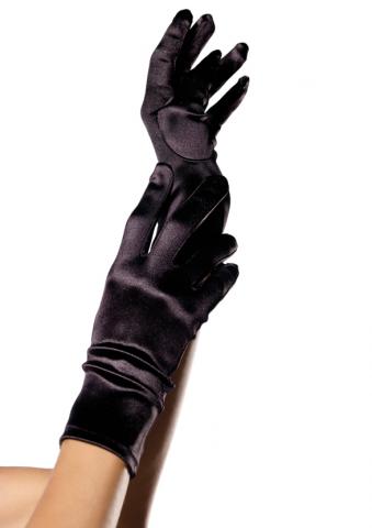 Wrist Length Satin Gloves - Black