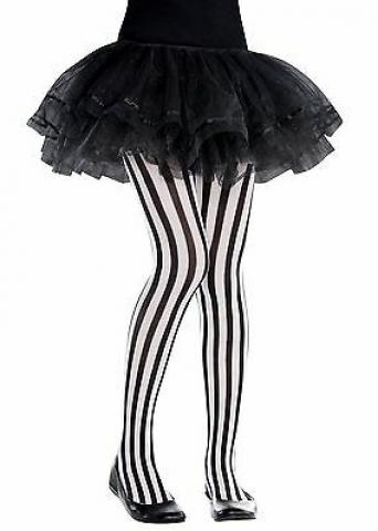 Girls Black & White Vertical Striped Tights