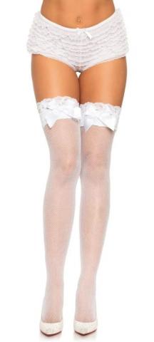 Fishnet Stockings With Lace And Bow White