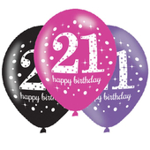 Black Pink Purple 21st Birthday Latex Balloons - 6 Pack