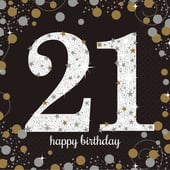 Black and Gold 21th Birthday Napkins - 16 Pack
