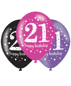 Black Pink Purple 21st Birthday Latex Balloons - 6 Pack
