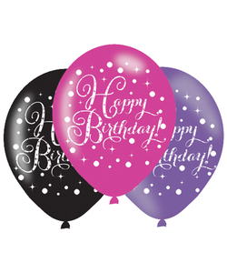 Black Pink Purple Happy Birthday Latex Balloons - 6 Pack