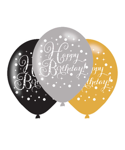 Black Gold Silver Happy Birthday Latex Balloons - 6 Pack
