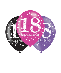 Black Pink Purple 18th Birthday Latex Balloons - 6 Pack