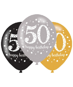 Black Gold Silver 50th Birthday Latex Balloons - 6 Pack