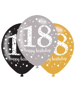 Black Gold Silver Happy 18th Birthday Latex Balloons - 6 Pack