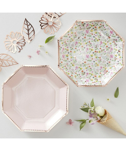 Rose Gold Foiled Paper Floral Plates - 8 Pack