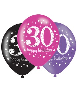Black Pink Purple 30th Birthday Latex Balloons - 6 Pack
