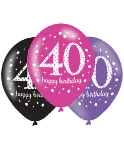 Black Pink Purple 40th Birthday Latex Balloons - 6 Pack