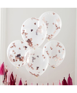 Rose Gold Heart Shaped Confetti Balloons - 5 Pack