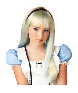 Kids Alice Wig - Blonde with blue highlights