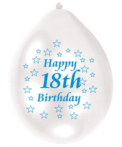 Blue/White Happy Birthday 18th Balloon - 10 Pack