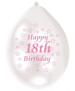 Pink/White Happy Birthday 18th Balloon - 10 Pack