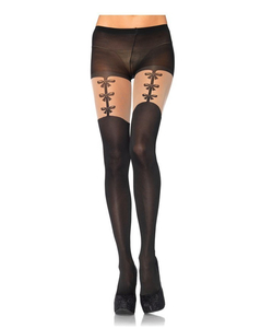 Spandex opaque pantyhose with faux woven garterbelt detail Black