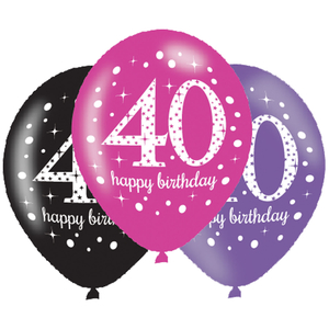 Black Pink Purple 40th Birthday Latex Balloons - 6 Pack