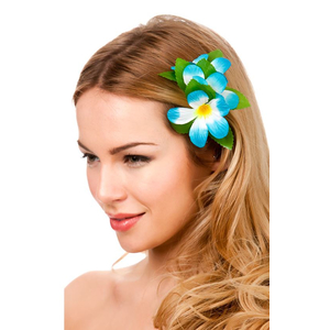 Hawaiian Hair-Clip Flower Sky Blue - Being Modelled
