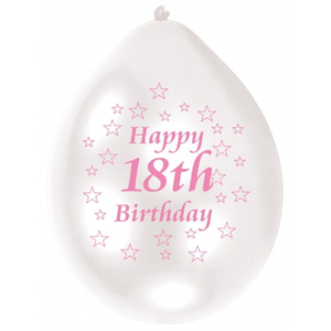 Pink/White Happy Birthday 18th Balloon - 10 Pack